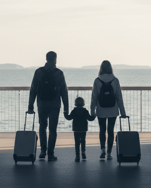 A family with luggage looking out at the sea
